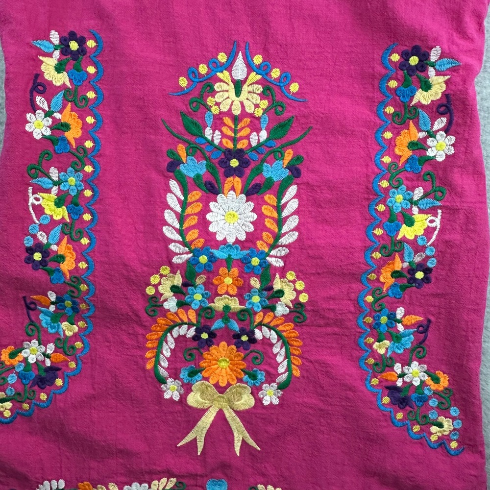 YZXDORWJ Pink Cotton Floral Embroidered Mexican Boho Shift Dress Medium - Picture 9 of 14